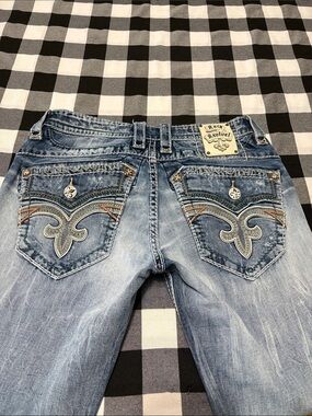 Rock Revival Feeney Bootcut Jeans Men's 32 x 35.5 Long Tall Stretch Faux Flap